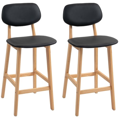 Homcom Set 2 Sgabelli Da Bar Con Schienale E Rivestimento In Finta Pelle, Sgabelli Alti Con Gambe In Legno E Poggiapiedi, 42X47X92Cm, Nero