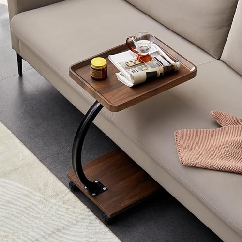 Tavolino Laterale A Forma Di C In Stile Fattoria Con Ruote – Design Con Struttura In Metallo Mobile, Utilizzabile Come Tavolino Da Caffè, Vassoio Da D