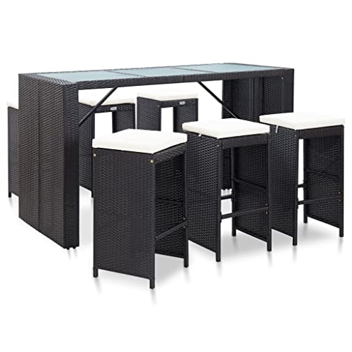 Vidaxl Mobile Da Bar Da Giardino 7 Pezzi E Cuscini In Resina Intrecciata Nera