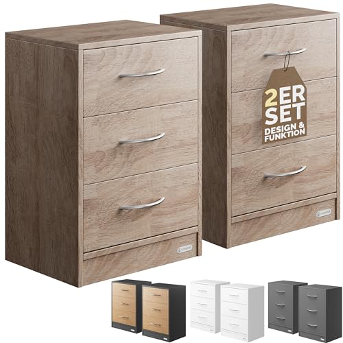 Casaria® Comodino Set Da 2 54X39X28Cm In Legno 3 Cassetti Camera Letto Tavolino Da Notte Comodini Rovere