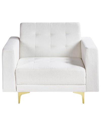 Poltrona Moderna Reclinabilein Tessuto Bouclé Bianco Gambe Dorate Piedi Imbottiti