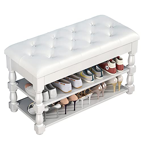 Dgdhhsfjdj Panca Da Ingresso Vintage Con Cuscino In Pelle, Scarpiera A 3 Ripiani E Contenitore, Mobile Da Ingresso In Legno Bianco, Elegante Elemento 
