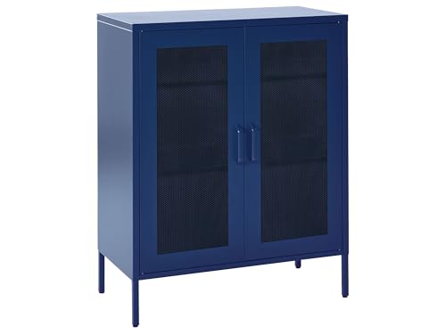 Mobile Metallo Blu Con 2 Ante Trasparenti 2 Ripiani 80 X 40 X 102 Cm