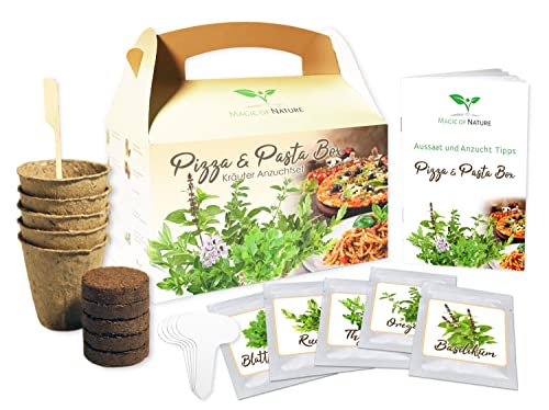 Pizza/Pasta Box - Kit Per La Coltivazione Delle Erbe – Da Coltivare Da Soli - Facile Gestione - 5 Erbe Tipiche Per Pizza E Pasta - Alto Tasso Di Germi