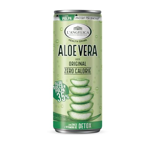 L'Angelica, Lattina Aloe Gusto Original, Aloe Vera Da Bere 35%, Con Zinco E Vitamina B2, Succo Di Frutta Zero Calorie E Detox, Succo Di Frutta E Polpa