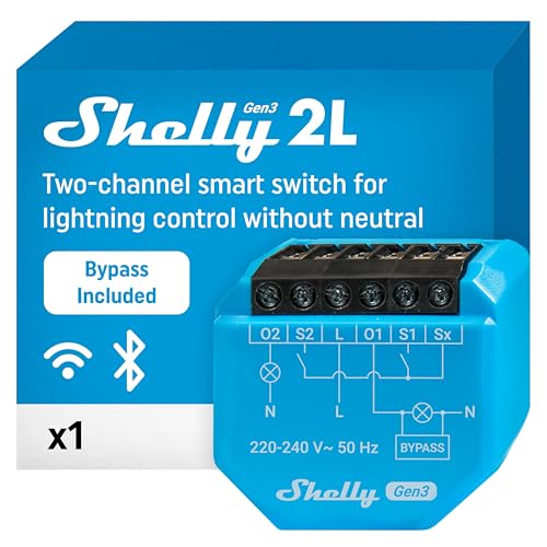 Shelly 2L Gen3 Con Bypass - Interruttore Relè Intelligente Wi-Fi, 2 Canali, 700W Max, Nessun Filo Neutro Richiesto, Controlla Carichi Superiori A 5 W,