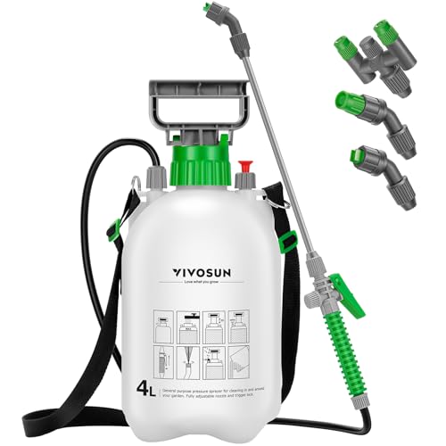 Vivosun Spruzzatore A Pressione 4L, Bottiglia A Pompa Con 3 Ugelli Per L'Acqua, Design Della Scanalatura Dell'Impugnatura, Valvola Di Sicurezza, Cingh