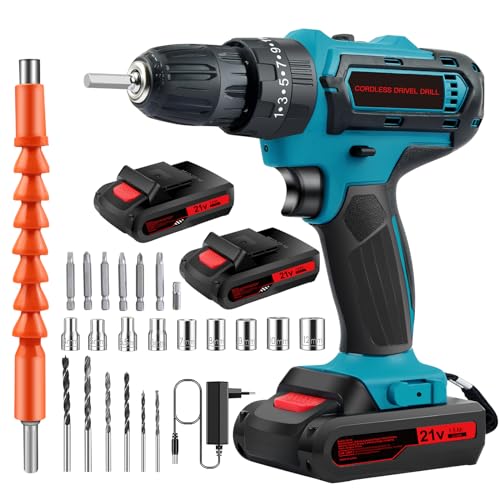 Trapano Avvitatore Batteria 21V, Trapano A Batteria, Trapano Avvitatore A Percussione, Trapano A Percussione Batteria Con 2 Batterie Da 1.5Ah, 2 Veloc