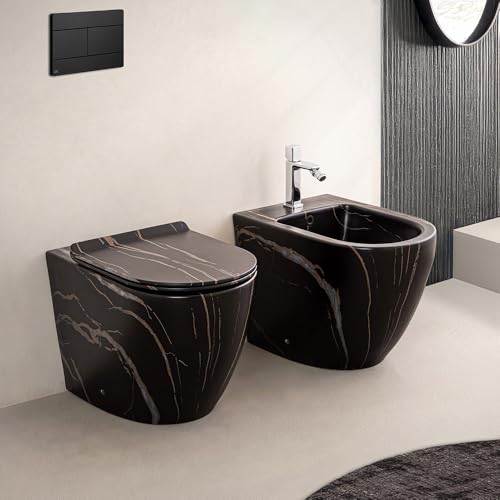 Set Sanitari Filomuro Rimless In Ceramica Con Effetto Marmorizzato Nero Linea Tokyo, L 36 X P 56 X H 41 Cm, Completo Di Sedile Soft-Close