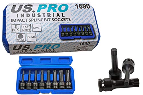 Us Pro By Bergen 8Pc 1/2'' Impact Spline Socket Bit Set M5-M18 Bits Cr-Mo 80Mm Length B1401