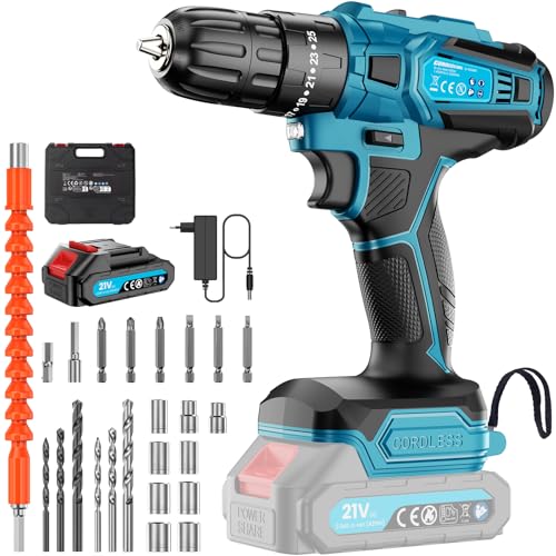 Trapano Avvitatore Batteria, Trapano Avvitatore 21V Con Batteria Da 2000Mah, Trapano A Batteria Max 30N·M, Regolazione Della Coppia 25+3, 2 Velocità,