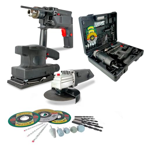 Set Completo Elettroutensili - Trapano Avvitatore 500W, Smerigliatrice 500W, Levigatrice 135W - Kit Con Valigetta E 50 Accessori Per Fai Da Te E Brico