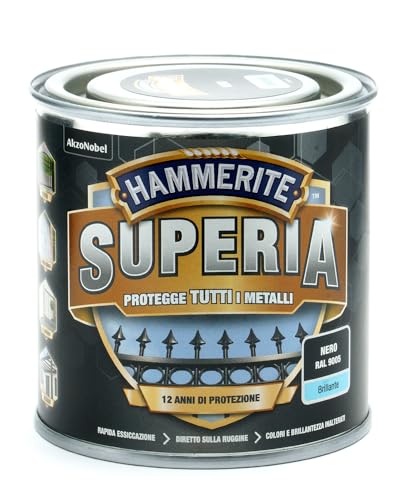 Hammerite Superia Smalto Metallo Antiruggine Interno E Esterno, Brillante Nero, 250 Ml
