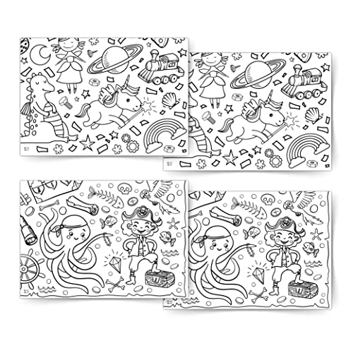 Set Di 4 Tovaglie Di Carta Da Colorare, 2 Motivi: Pirati - Fantasia, Immagini Da Colorare, Colorare Per Ragazze E Ragazzi, Attività Per Bambini, Idea