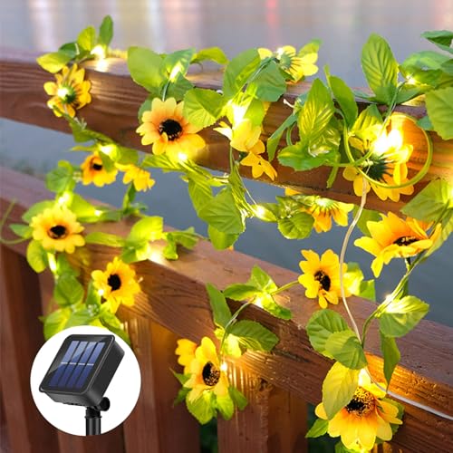 Gukkk Künstliche Sonnenblume Licht 10M/32Ft, 100Led Lichterkette Außen Solar 8 Modi, Lichterkette Mit Blättern Sonnenblumen, Wasserdicht Solarlichterk