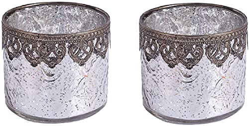Jinfa Set Da 2 Portacandele Decorativi Vasetti Per Candele Vetro | Cilindrico Argento | Ø10Cm, H9Cm