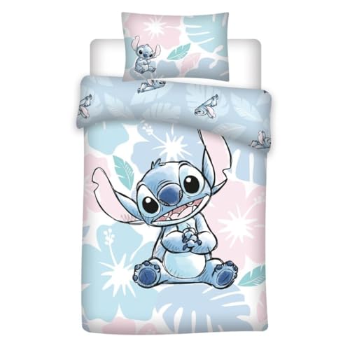 Aymax Stitch Flowers - Parure Da Letto Per Bambini, Copripiumino 100 X 140 Cm + Federa 40 X 60 Cm, 100% Cotone