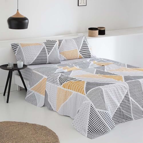 Cotton Artean Gekas - Set Di Lenzuola Da 150 X 190/200, 50% Cotone, 50% Poliestere, Colore: Grigio E Senape