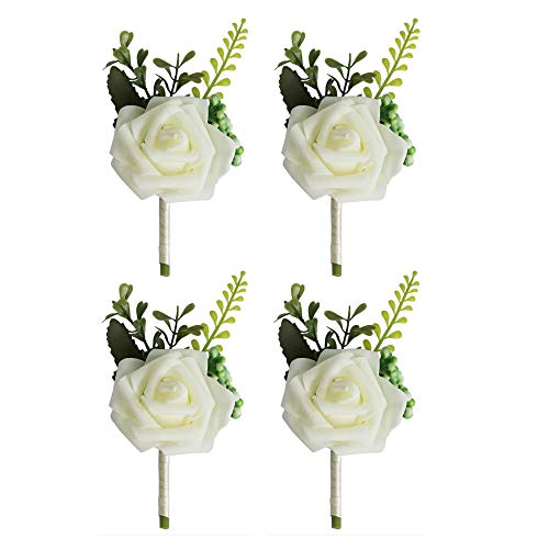 Voanzo 4Pcs Wedding Boutonniere Artificiale Pe Rose Fiori Corpetti Per Sposa Sposo Groomsmen Ragazze Bouquet Spilla Pin 15X8X5Cm (Bianco)