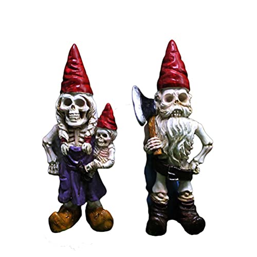 Chiyyak Garden Gnome Horror Skeleton Dwarf Couple Garden Statue Family Dwarf Sculpture Halloween Gnome Head Bone Figure
