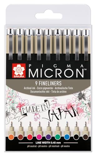 Sakura Pigma Micron 05 Fineliner Set Di 9 Colori | Inchiostro Impermeabile, Misura 05 (0,45 Mm) | Penne Per Scrivere, Disegnare E Scrivere