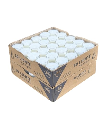 Horeca Candles - 100 Lumini Tealight Candele Bianche - Durata 8 Ore - Inodore, Non Profumate - Set Da 100 Pezzi Tè Luci - Bicchiere Di Plastica Traspa