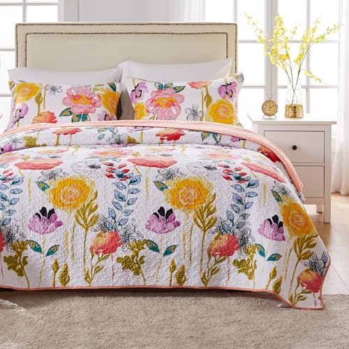 Greenland Home Watercolor Dream Set Trapunta Floreale Moderna In 100% Cotone, Bianco, 3-Piece King/Cal King