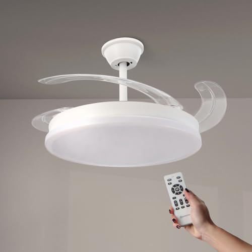 M Mimotec - Ventilatore Da Soffitto Con Luce Led Otah Bianca, Telecomando, Motore Dc, 6 Velocità, Silenzioso, Pale Retrattili, Funzione Estate-Inverno