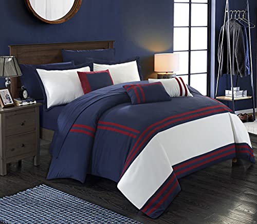 Chic Home Zarah-Set Completo Di Biancheria Da Letto In Una Borsa, 10 Pezzi, Con Lenzuola E Cuscini Decorativi Inclusi, Microfibra, Marina Militare, Qu