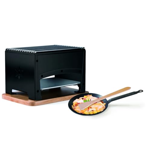 Bron Coucke Brasero Barbecue, Acciaio Con Rivestimento Epossidico, Piano In Faggio Massiccio, Nero, Dimensioni Ridotte