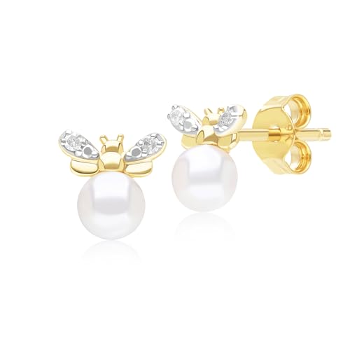Orecchini A Forma Di Ape In Oro Giallo 9 Carati Con Perle E Diamanti, Oro Giallo, Perla Diamante