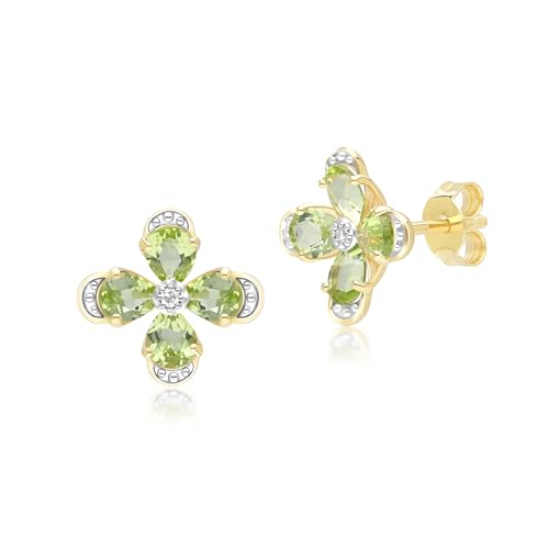 Orecchini Floreali Con Peridoto E Diamanti In Oro Giallo 9 Carati, Oro Giallo, Peridoto Diamante