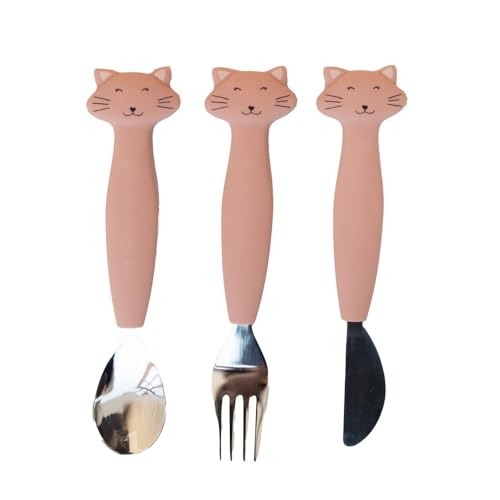 Trixie Baby Trixie - Set Di Posate In Silicone E Acciaio Inossidabile, Per Neonati E Bambini, 3 Pezzi (Forchetta, Cucchiaio E Coltello) - Mrs. Gatto (