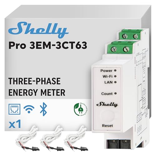 Shelly Pro 3Em-3Ct63 Contatore Di Energia, Montabile Su Guida Din, Compatibile Con Sistemi Monofase O Trifase, Con Trasformatore Di Corrente Trifase C