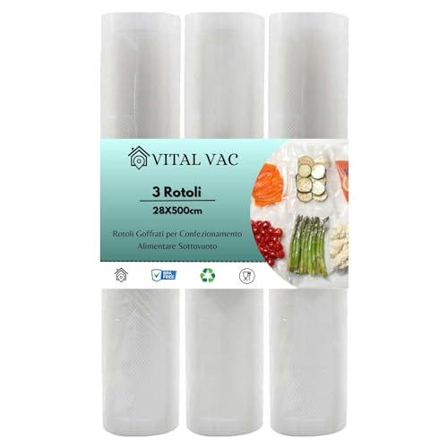 Vital Vac Sacchetti Sottovuoto 3 Rotoli 28X500 Cm | Per Sous Vide E Conservazione Degli Alimenti | Compatibile Con Foodsaver, Macom, Bonsenkitchen, Ac