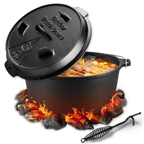 Dutch Oven, Dutch Oven 9 Litri, Pentola Bruciata Con Coperchio Sollevatore, In Ghisa Con Coperchio A Doppia Funzione, Per Esterni E Interni, Colore: N