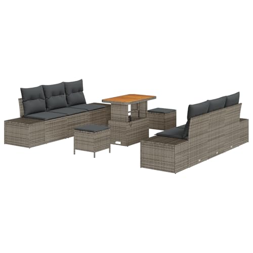 Set Divano Giardino 9 Pezzi Con Cuscini Rattan Grigio, Divano Giardino 2 Posti Con Cuscini Rattan Grigio, Set Da Pranzo Giardino 3 Pezzi Con Cuscini R
