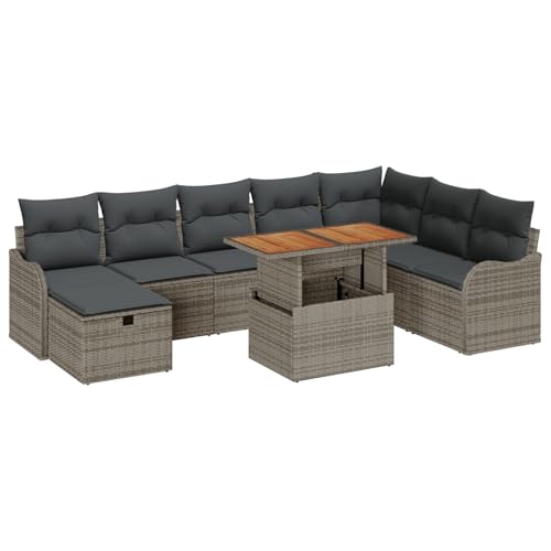 Set Divano Giardino 9 Pezzi Cuscini Grigio Rattan, Divano Giardino 2 Posti Cuscini Grigio Rattan