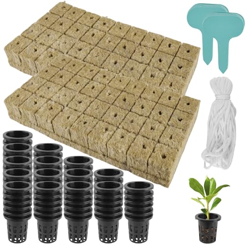 Baifulai Set Di 72 Lana Di Roccia Con 72 Cubetti Di Lana Di Roccia + 72 Vasi A Rete + 30 Etichette + Corda Di Cotone Da 10 M, Vaso Idroponico, Vaso Pe