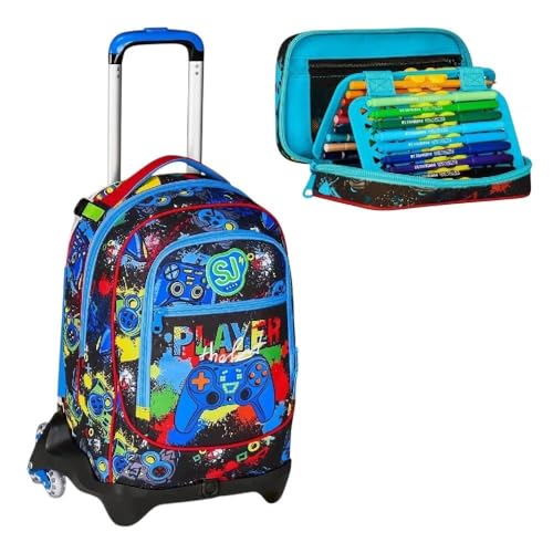 Varzi Seven School Pack Game Led Boy Sj Gang: Trolley Jack 3Wd Con Luci Led + Astuccio Speed Pad Fornito, Stile E Praticità Per La Scuola 1956