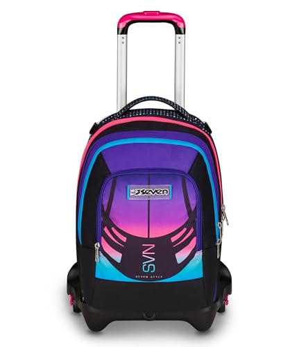 Seven Trolley Scuola Jack 3 Ruote Detach Nuanced, Fucsia Azzurro, Zaino Con Carrello Sganciabile Da 37 Litri, Tasca Borraccia, Zainetto Staccabile, Mu