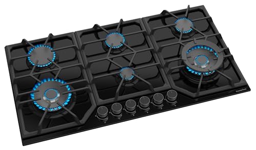 Premiertech Piano Cottura A Gas 6 Fuochi, 90 Cm, Vetro Nero, Incasso 83 X 49Cm, Doppi Bruciatori Wok, Supporti In Ghisa, Predisposto Metano E Kit Ugel