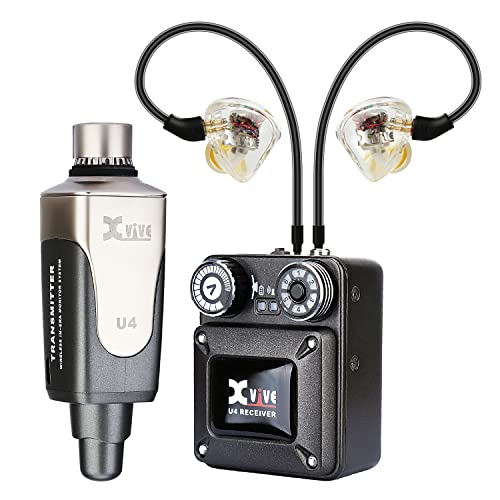 Xvive U4T9 - Set Sistema In Ear Monitor Wireless E Auricolari Con Trasmettitore/Ricevitore, Trasmissione In Banda 2,4Ghz - 5 Ore Di Autonomia, Cavo Us