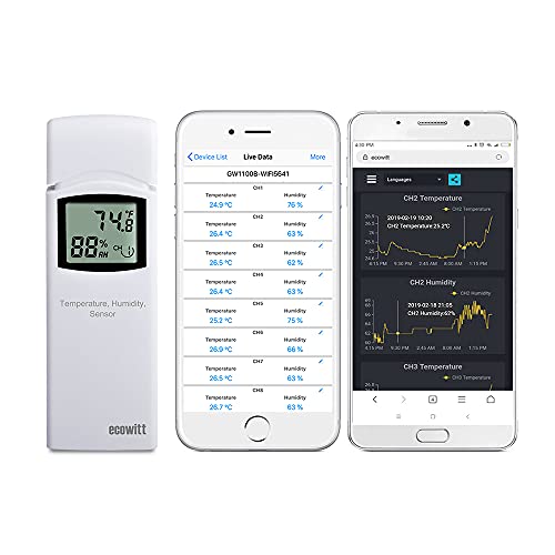 Ecowitt, Igrometro Termometro Digitale Senza Fili, Con Monitor, Misuratore Di Umidità Della Temperatura Per Interni Ed Esterni, Wh31, Sensore Lcd Mult