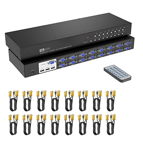 Interruttore Kvm Vga 16 Porte, Yinker Vga 16X1 Console Kvm A Rack Con 16 Cavi A Infrarossi E Supporto Per Le Orecchie Hd 1U Rack Cabinet