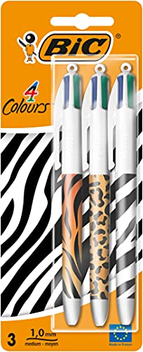 Bic Penne A Sfera Con Stampa Animalier, Punta Media (1,0 Mm), Motivo Zebra, Leopardo, Tigre, Confezione Da 3 Pezzi, Multicolore, 999850