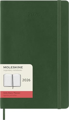 Moleskine Daily Planner, Agenda Giornaliera 2026 12 Mesi, Con Copertina Morbida E Chiusura Elastica, Formato Large 13X21, Colore Verde