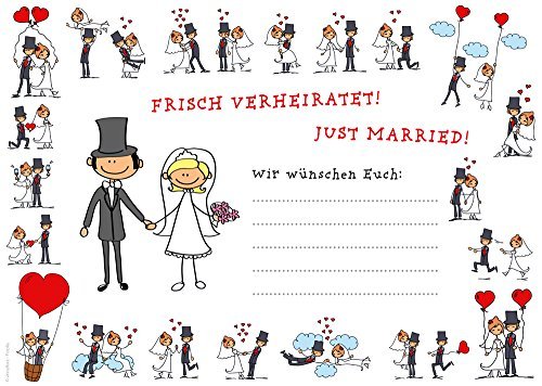 55 Biglietti Di Annuncio Matrimonio, Motivo 01: "Frisch Verheiratet - Just Married" [In Lingua Tedesca], Colore: Rosso/Bianco