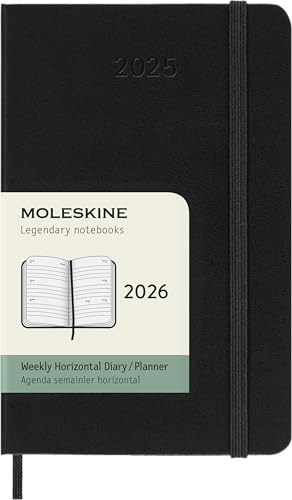 Moleskine Weekly Planner, Agenda Settimanale Orizzontale 2026 12 Mesi, Con Copertina Rigida E Chiusura Elastica, Formato Pocket 9X14, Colore Nero