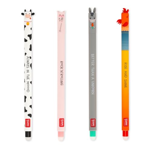 Legami - Set Di 4 Penne Gel Cancellabili Farm Sweet Farm, Penne Con Inchiostro Cancellabile Termosensibile, Nero, Rosa, Verde, Rosso, Cancella Senza C